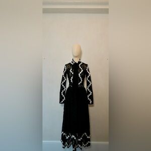 Costarellos Black Lace Long-Sleeve Dress with White Floral Detailing